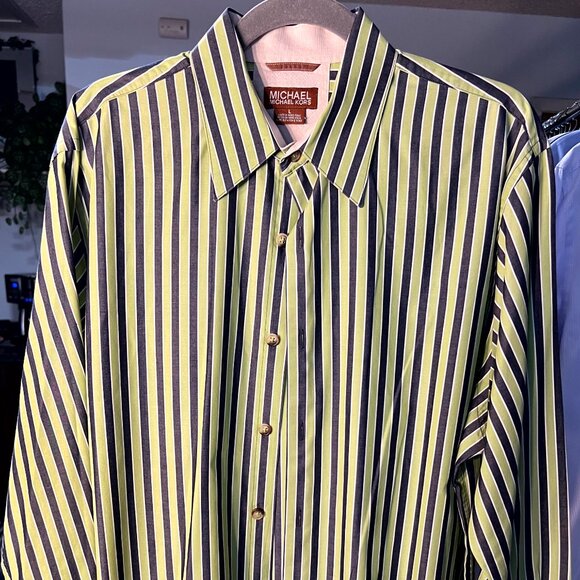 Michael Kors Lime & Dark Grey 100% Cotton Long-Sleeve Button-Up SZ Lrg - Picture 1 of 5